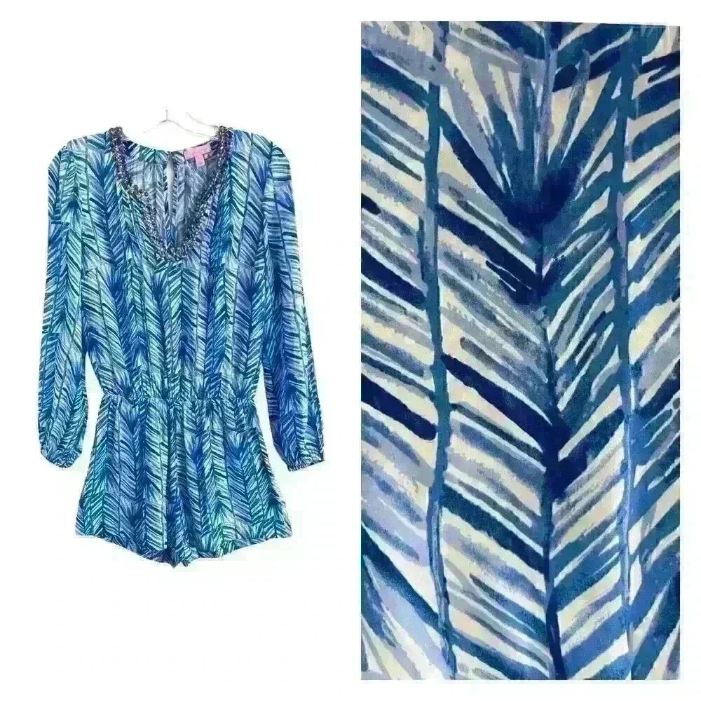 Lilly Pulitzer Sz XS Colby Romper Blue Palm Print Summer Vacation Travel Night - Picture 2 of 16